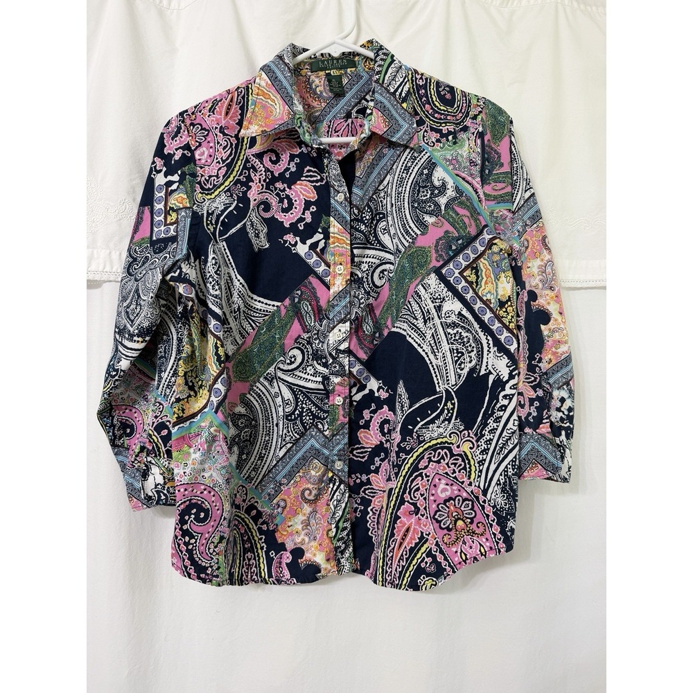 Lauren Ralph Lauren Petite Large 3/4 Length Sleeve Blouse‎ Paisley Print Cotton